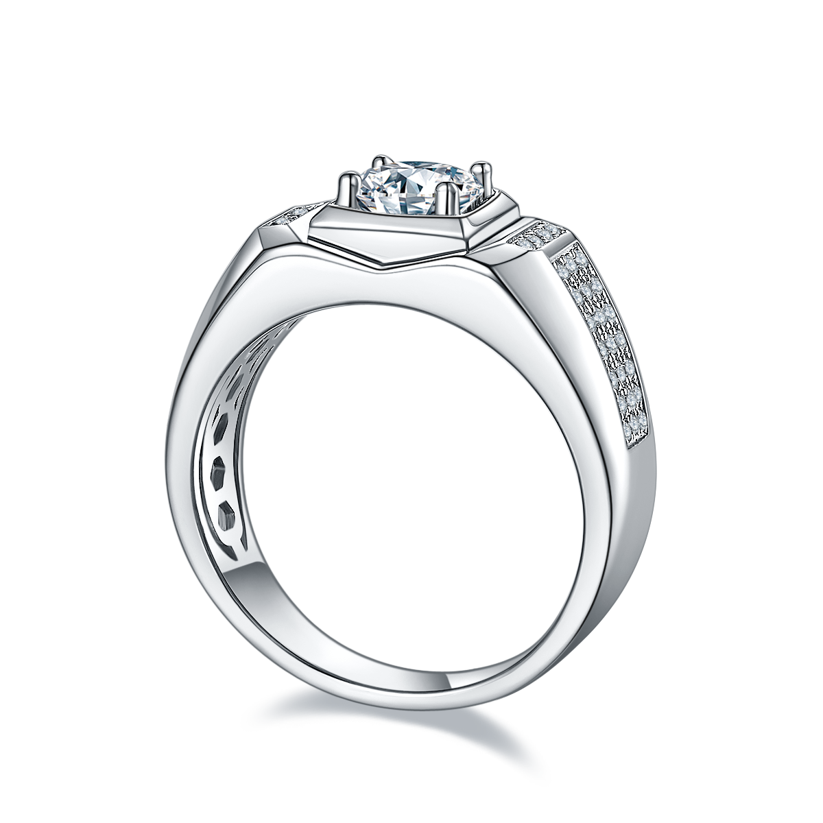 Wenze S925 Silver Plated Platinum Moissanite Diamond Men's Ring 1 Carat D-Class
